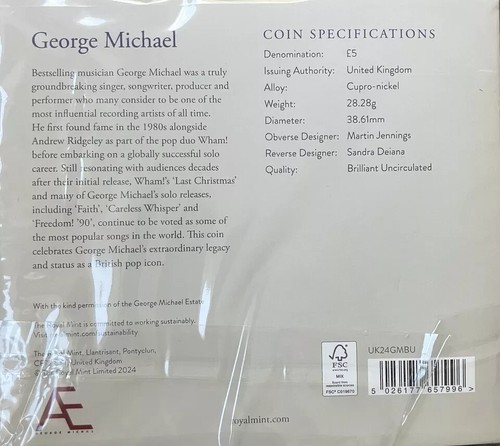 2024 £5 GEORGE MICHAEL Coin Brilliant Uncirculated BUNC PACK SEALED SUPERB - Picture 2 of 10