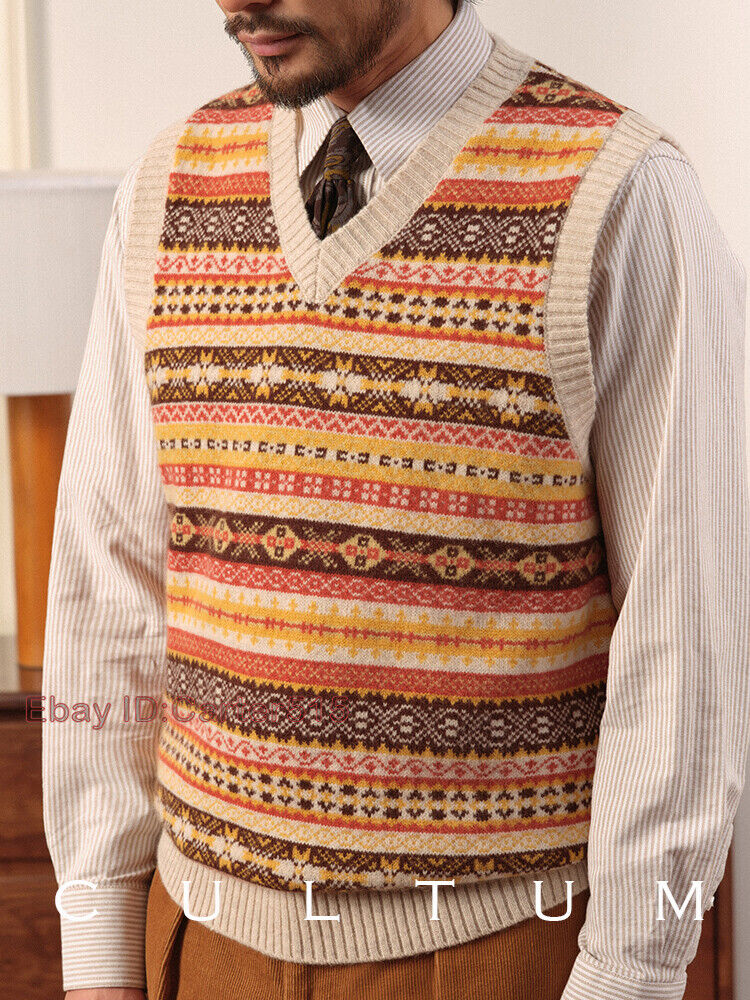100% Wool Fair Isle Pattern Wool Vest Waistcoat Winter Men Knitted  Multicolor | eBay