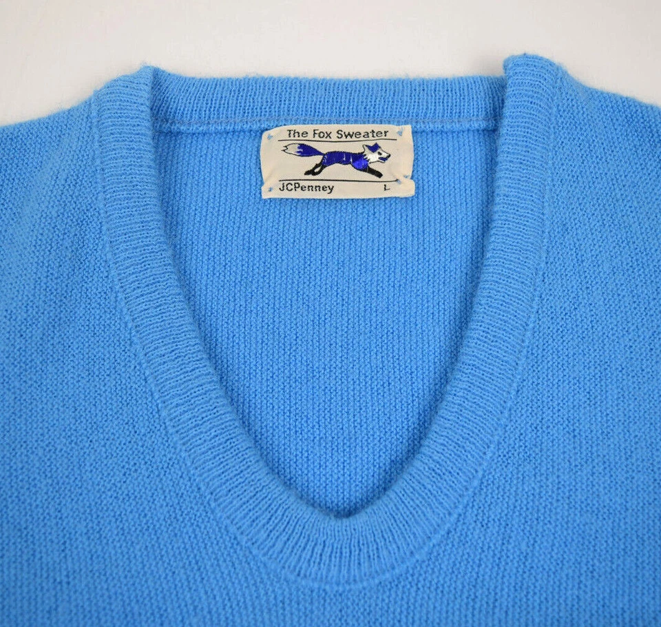 Suéter Vintage JCPenney El Zorro Talla M Años 70 80 Azul Cuello en V Cobain Especial Foto 3 de 4
