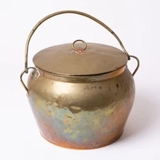 Antique Rustic Brass Cauldron Pot Flat Copper Bottom with Handle and Lid 10" D