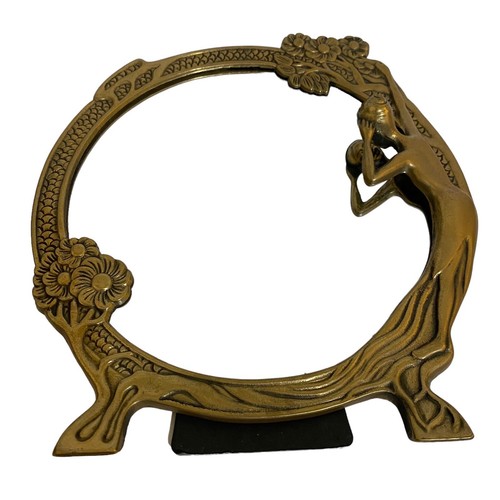 Art Deco Nouveau Round Mirror 10" Solid Brass Lady Flower Mirror Easel Stand - Picture 1 of 10