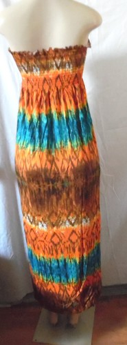 -ORANGE BROWN GEOMETRIC GREEN BLUE SUMMER ELASTIC DRESS MAXI LONG STRAPLESS S - Picture 11 of 11