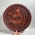 3D Halloween Trick or Treat Carved Round Wood Wall Art Front Door Sign Ghost