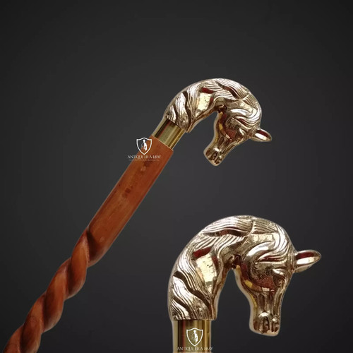 Bastón de madera de trabajo vintage con mango de cabeza de caballo de latón regalo - Imagen 3 de 6