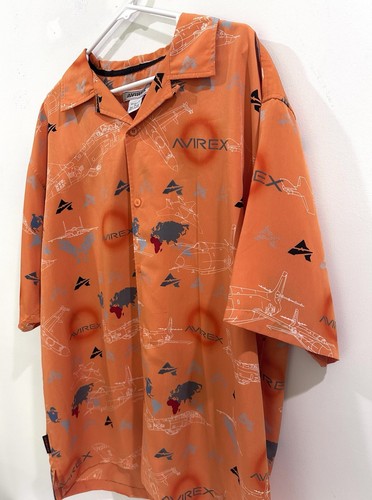 AVIREX Hawaiian Shirt Airplanes Aviation Orange Button Down Collared Short- XL - Picture 2 of 8