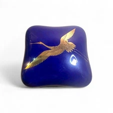 Takahashi San Francisco Japan Blue Ceramic Crane Trinket Box Hand Decorated Gold