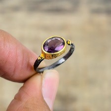 Purple Amethyst Black And Gold Plated 925 Sterling Silver Ring S.Adjustable R718