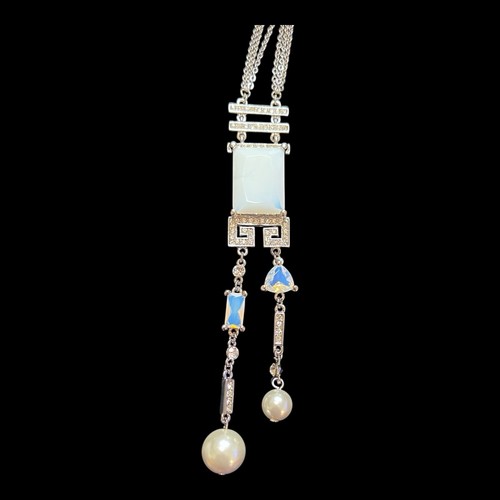 Elegant 3 Strand Art Deco Style Opalescent Silvertone Faux Opal & Pearl Necklace - Picture 4 of 8