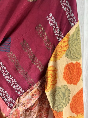 Free Size Kantha Bae Krepp Staubtuch Vintage Sari Seide Sari Kimono Morgenmantel elastische Ärmel - Bild 10 von 10