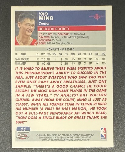 Yao Ming 2003-04 Topps Chrome #11 - Houston Rockets - Bild 2 von 2
