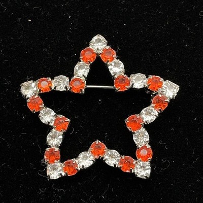 Vintage Five Point Star Brooch Prong Set Red White Rhinestones Pin Holiday Xmas