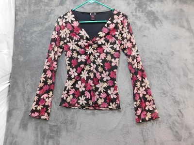 Wrapper Blouse Juniors Small Black Pink Floral Mesh V Neck Long Sleeve Top