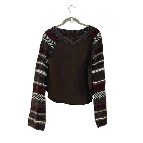 Free People Fairground Thermo Top Gr. S Waffel Washed Schwarz Kombi Boho Fair Isle