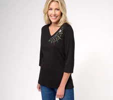 Quacker Factory Women's Top Sz L The Web Embroidered V-Neck Sleeve Black A612405