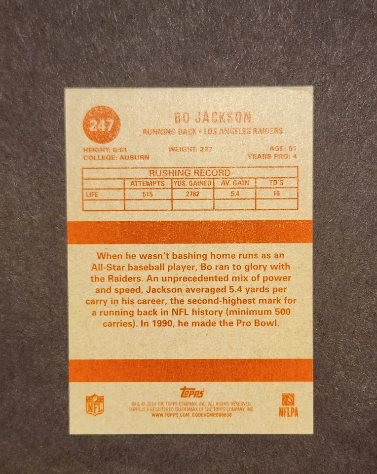 Bo Jackson 2014 Topps Throwback Mini Card Los Angeles Raiders - Image 3 of 3