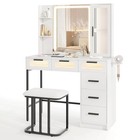 Vanity Desk w/ Mirror Induction Lighting 3-Color Lighting Modes Charging Station