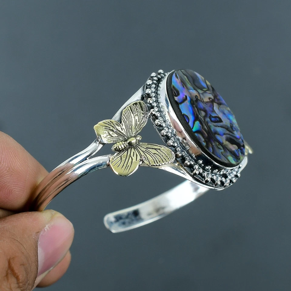 Brazalete hecho a mano de plata de ley 925 concha de abulón joyería de piedras preciosas Foto 4 de 4