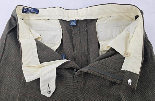 Polo Ralph Lauren Wool Pant Mens 38x30 Academia Subtle Green Plaid w Red Stripe - Picture 4 of 10