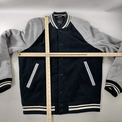J Crew Black Gray Striped Wool Button Down Varsity Jacket Mens Size Medium - Picture 7 of 11