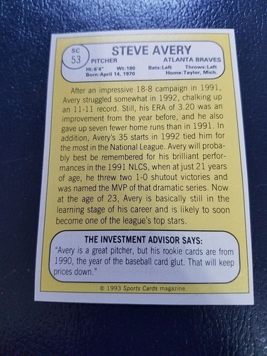 Steve Avery Atlanta Braves #53 1993 Sports Cards Magazines with Brown Border - Picture 7 of 9