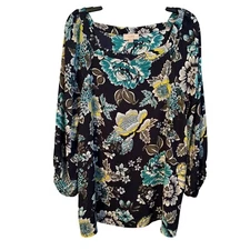 Loft Outlet Womens Floral Print Blouse Sz XL Long Sleeve Black Teal Yellow blous