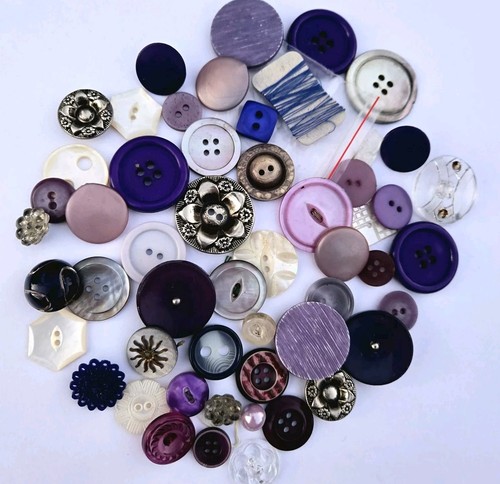 Vintage Button LOT Fancy Purple Silver Glass Lucite MotherOfPearl Metal Plastic - Picture 2 of 14