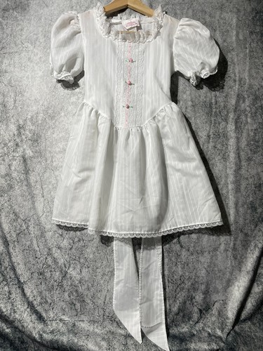 Allison Ann Dress Girls 7 White Lace Trim Collar Puff Sleeves