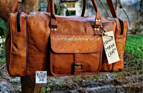 Men's genuine Leather luggage gym weekend overnight duffle 24"large vintage Bag - Picture 10 of 13