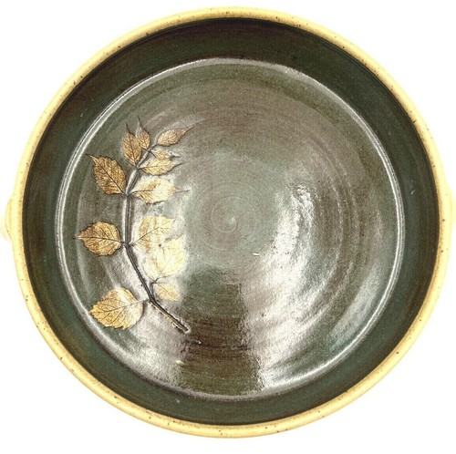 Art Pottery Serving Dish Leaf Inlay Fall Thanksgiving Signed by Artist 10 3/4" - Picture 2 of 8