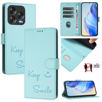 For ZTE Blade V70 Design Smile Embossing RFID Leather Phone Case