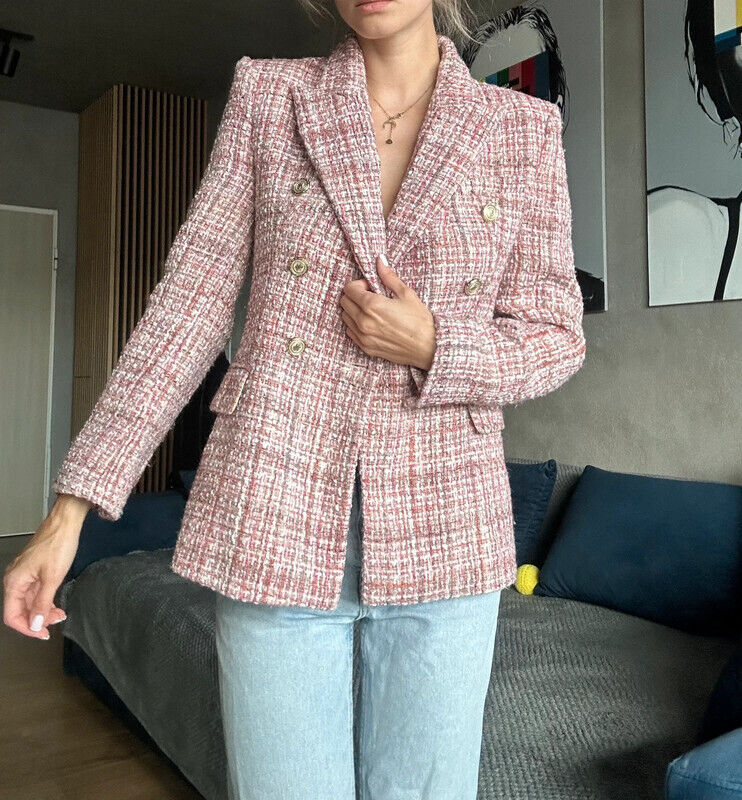Zara Pink Tweed Blazer Double Breasted Gold Buttons - Size S