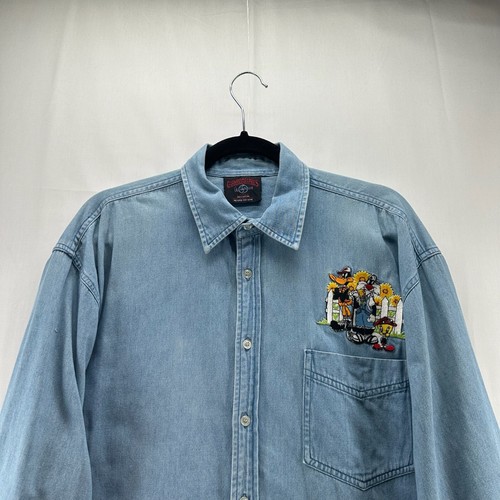 VTG Garment Graphics Shirt Men L Looney Tunes Denim Button Down Long Sleeve Blue - Picture 3 of 12