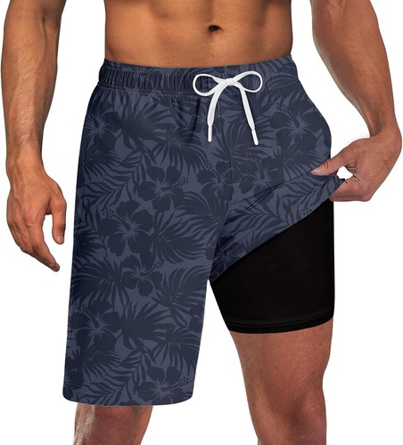 Mens Swim Trunks with Compression Liner 9'' Inseam Quick Dry Swimsuit Shorts - Picture 6 of 56