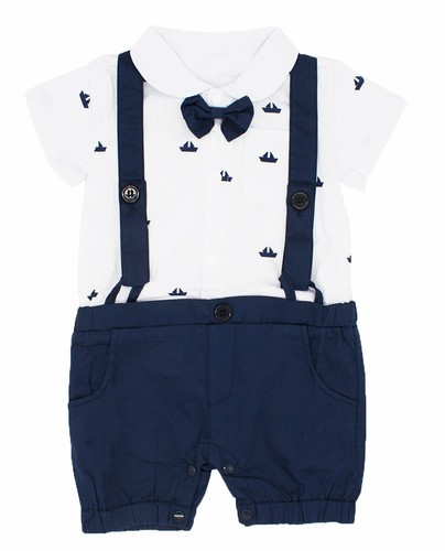 Bilo Sailor Boat Print Faux Suspender Formal Wear Baby Boy Short Sleeve Romper