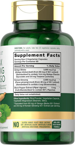 Panax Ginseng + Ginkgo Biloba | 120 Vegetarian Capsules | 5,000Mg | Vegetarian, - Picture 2 of 12