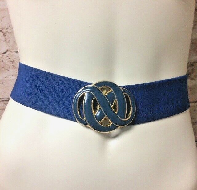 Vintage Day Lor Enamel Stretch Swirl Pattern Waist Belt with Blue Gold Buckle-image