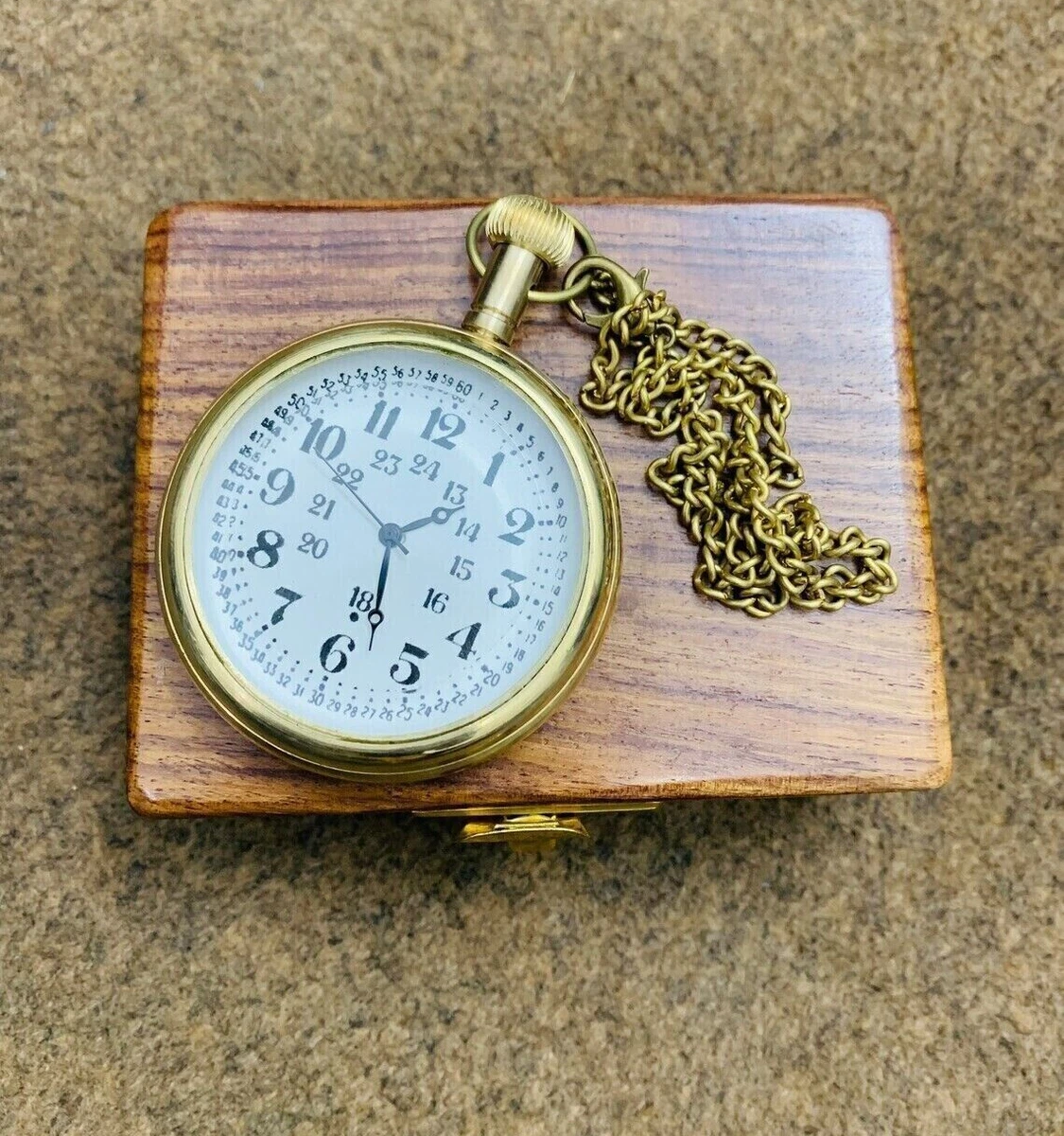 Mens Pocket Watch Mechanical White Brass Shiny Vintage Chain