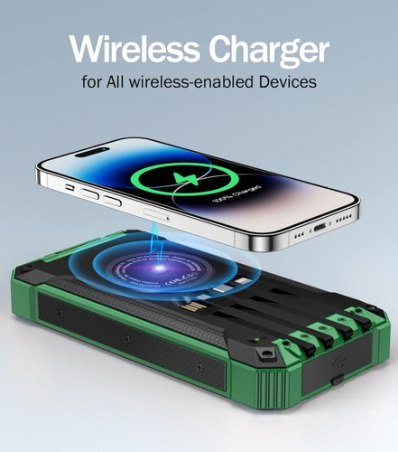 Green Color Solar Power Bank 36000mAh Built-in 4 Cables Qi Wireless Charger - Picture 3 of 9