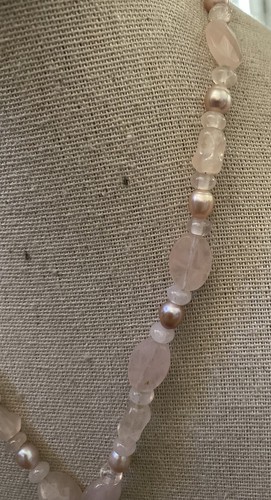 Sterling silver Rose Quartz Pearl Necklace Mop Bamboo Carved Drop 16” Stunning - Picture 4 of 6