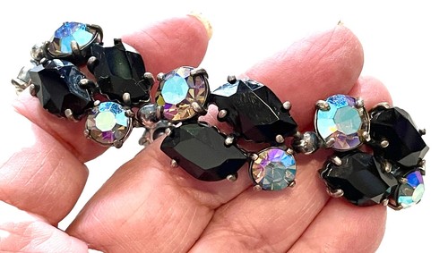 Schiaparelli Armband + Ohrringe Set Aurora Borealis AB schwarz Strass Vintage - Bild 2 von 14