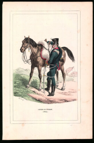 Wood Engraving Hunter To Horses 1814, Old Coloured From Bell Ange Um - Picture 1 of 2