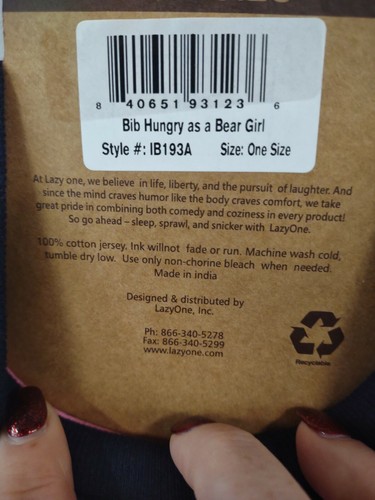 GIRLS INFANT LAZY ONE PULL OVER BIB HUNGRY AS A BEAR BIB ONE SIZE FITS ALL NEW - Picture 5 of 5