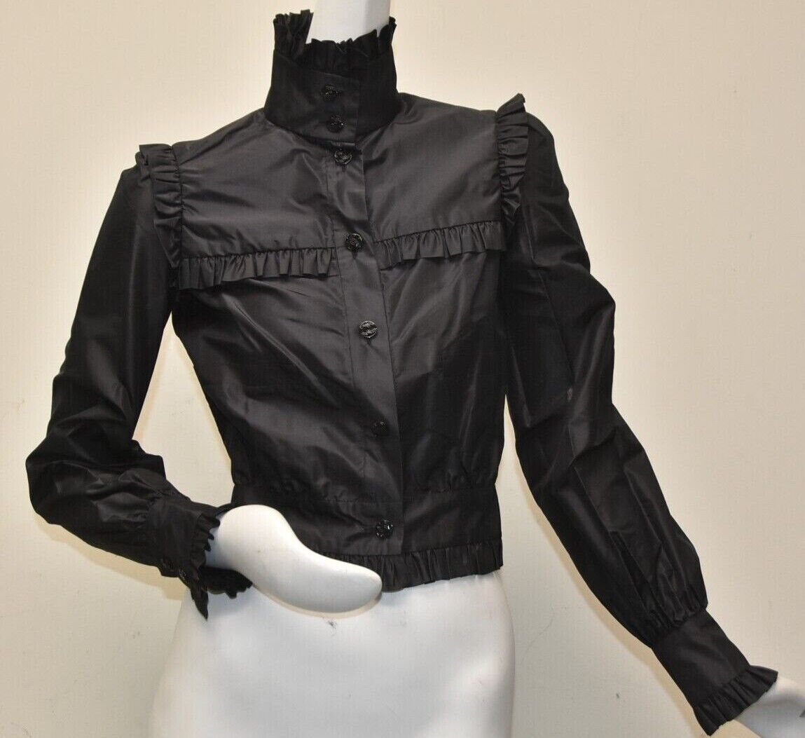$3445 NEW TAGS Chanel Jacket Top Ruffle SILK Black Pockets 11 CC Logo  Buttons 34