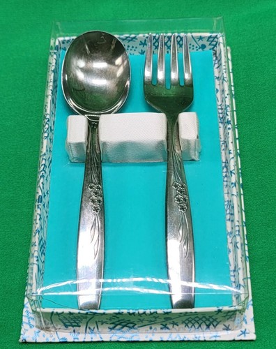 Vtg ONEIDA Enchantment Gental Rose 2-PIECE BABY CHILD Flatware Spoon Fork Box SP - Picture 2 of 7