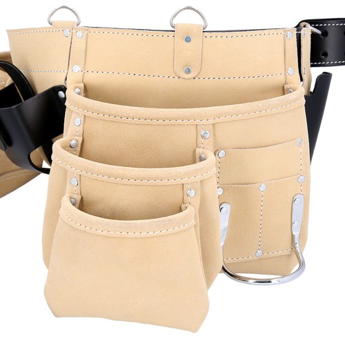Leather Tool Belt 12 Pocket Pouch with Double Hammer Loop and Leather Belt - Picture 7 of 10