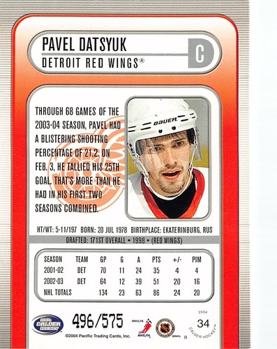 2003-04 Pacific Calder Silver #34 Pavel Datsyuk /575 - Picture 2 of 2