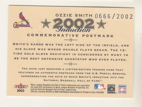 Fleer 2003 Salón de la Fama Día de Inducción sello postal Ozzie Smith 666/2002 Corte - Imagen 2 de 2