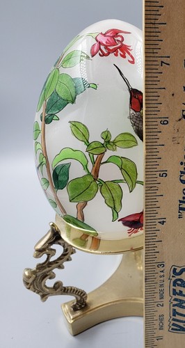 **Vtg Blown Glass Reversed Painted Egg On Ornate Brass Stand, Beautiful Art** - Picture 6 of 6