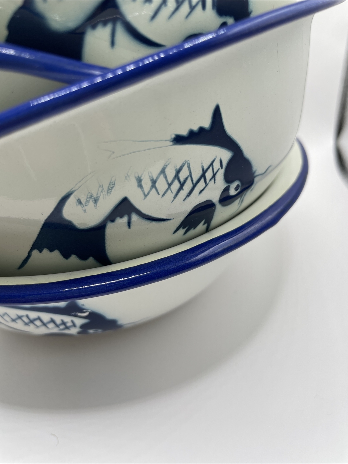 4 VTG Butterfly Brand Enamelware Cobalt Blue White Koi Fish 6" Rice