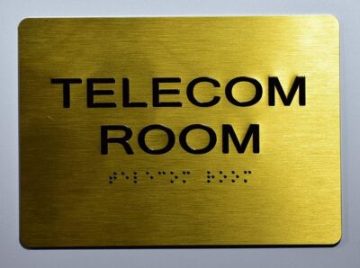 Telecom Room Sign- Gold With Braille and Raised Letters (Aluminum, Size 5x7)